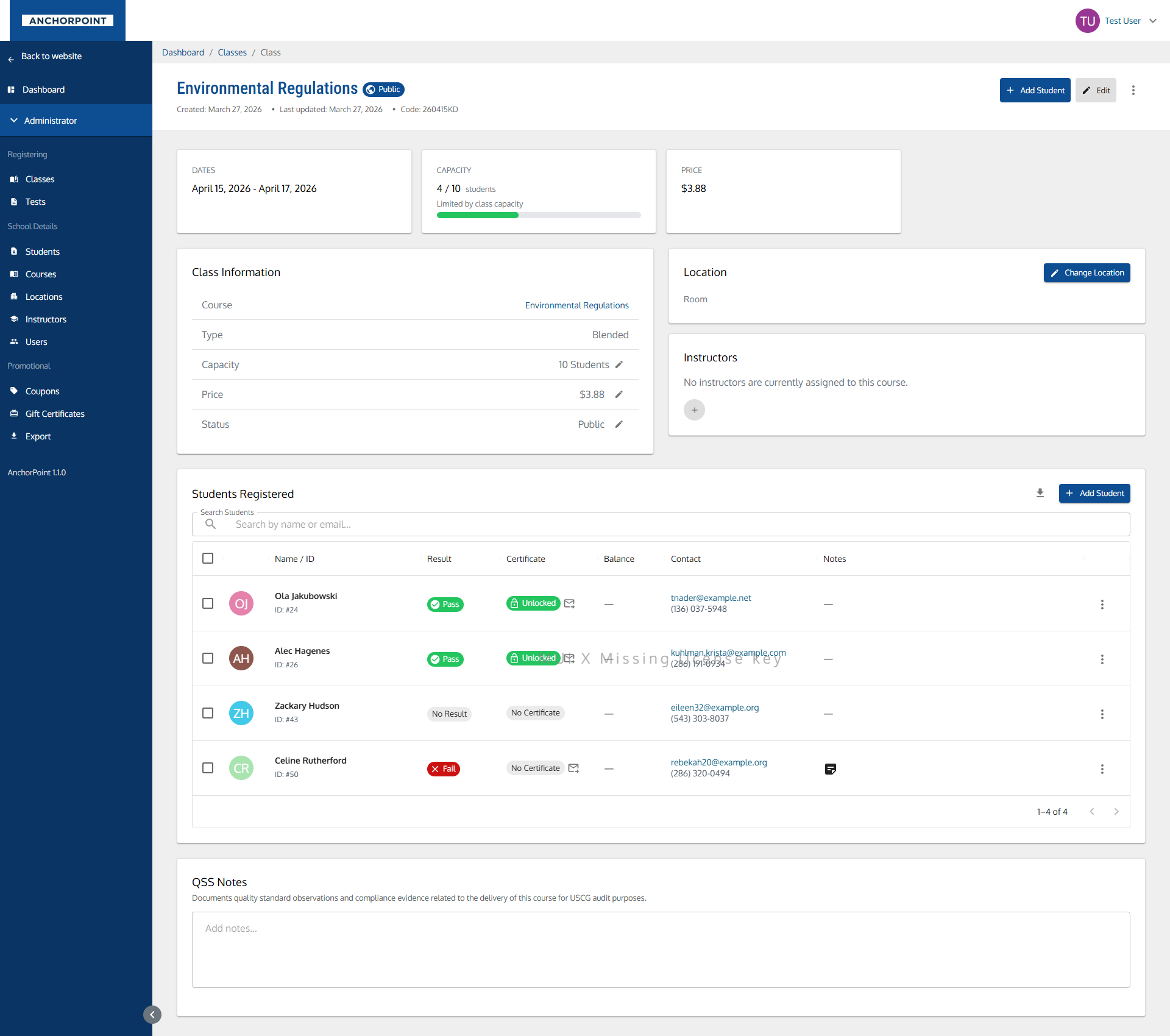 Manage Class Page Manage Class Page