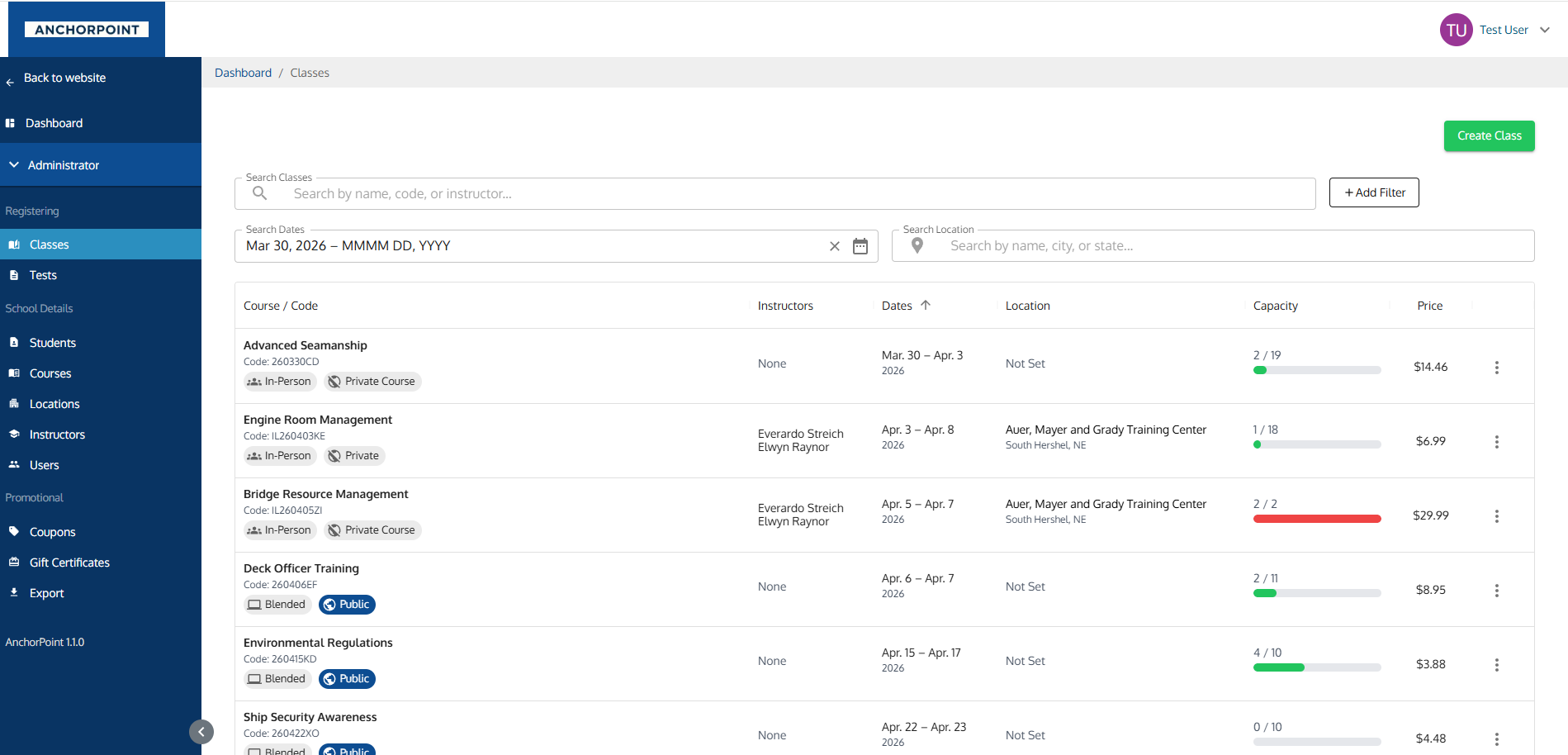 Classes View Page Classes View Page